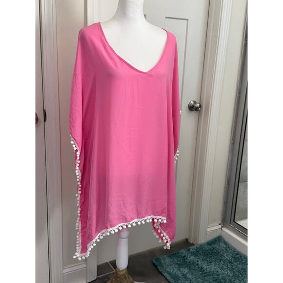 adreamly poncho nwt pink with white pompoms womens large - Picture 2 of 6